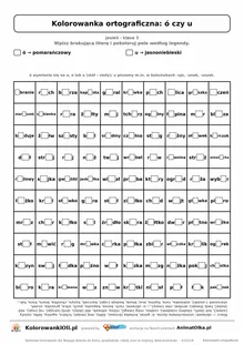 Kolorowanka ortograficzna ó czy u — 100 wyrazów z luką, obrazek dynia, do druku (klasa 3)