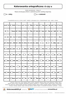Kolorowanka ortograficzna ó czy u — 100 wyrazów z luką, obrazek gwiazda, do druku (klasa 3)