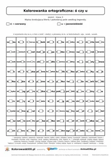 Kolorowanka ortograficzna ó czy u — 100 wyrazów z luką, obrazek jabłko, do druku (klasa 3)