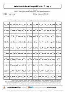 Kolorowanka ortograficzna ó czy u — 100 wyrazów z luką, obrazek muchomor, do druku (klasa 3)