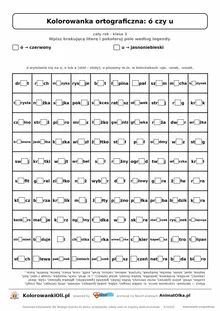 Kolorowanka ortograficzna ó czy u — 100 wyrazów z luką, obrazek serce, do druku (klasa 3)