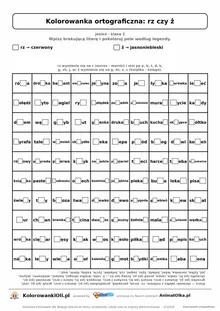 Kolorowanka ortograficzna rz czy ż — 100 wyrazów z luką, obrazek jabłko, do druku (klasa 2)