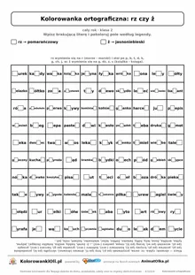 Kolorowanka ortograficzna rz czy ż — 100 wyrazów z luką, obrazek rybka, do druku (klasa 2)