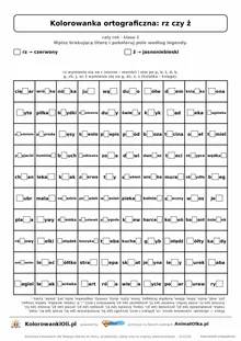 Kolorowanka ortograficzna rz czy ż — 100 wyrazów z luką, obrazek serce, do druku (klasa 2)