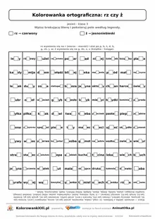 Kolorowanka ortograficzna rz czy ż — 100 wyrazów z luką, obrazek jabłko, do druku (klasa 3)