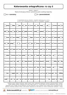 Kolorowanka ortograficzna rz czy ż — 100 wyrazów z luką, obrazek muchomor, do druku (klasa 3)
