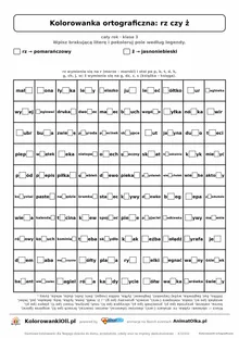 Kolorowanka ortograficzna rz czy ż — 100 wyrazów z luką, obrazek rybka, do druku (klasa 3)