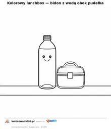Kolorowy lunchbox — bidon z wodą obok pudełka — kolorowanka do wydruku dla dzieci