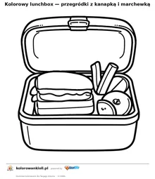 Kolorowy lunchbox — przegródki z kanapką i marchewką — kolorowanka do wydruku dla dzieci