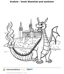 Kraków - Smok Wawelski pod zamkiem — kolorowanka do wydruku dla dzieci