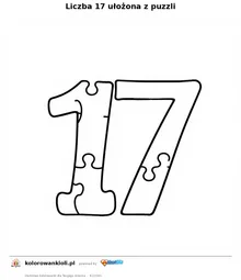 Liczba 17 ułożona z puzzli — kolorowanka do wydruku dla dzieci