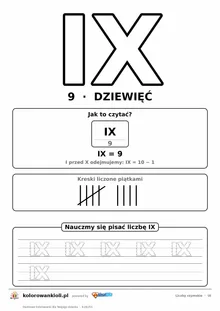 Liczba rzymska IX (9) do pokolorowania, rozkład na symbole i kropkowany zapis do obrysowania — karta do druku