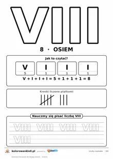 Liczba rzymska VIII (8) do pokolorowania, rozkład na symbole i kropkowany zapis do obrysowania — karta do druku