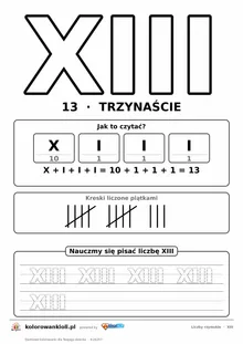 Liczba rzymska XIII (13) do pokolorowania, rozkład na symbole i kropkowany zapis do obrysowania — karta do druku