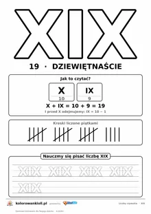 Liczba rzymska XIX (19) do pokolorowania, rozkład na symbole i kropkowany zapis do obrysowania — karta do druku