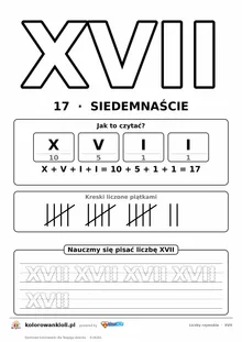 Liczba rzymska XVII (17) do pokolorowania, rozkład na symbole i kropkowany zapis do obrysowania — karta do druku