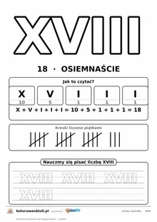 Liczba rzymska XVIII (18) do pokolorowania, rozkład na symbole i kropkowany zapis do obrysowania — karta do druku