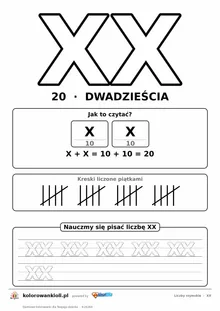 Liczba rzymska XX (20) do pokolorowania, rozkład na symbole i kropkowany zapis do obrysowania — karta do druku