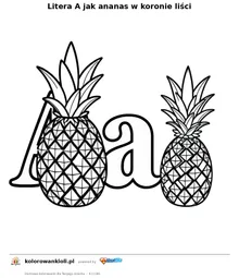 Litera A jak ananas w koronie liści — kolorowanka do wydruku dla dzieci