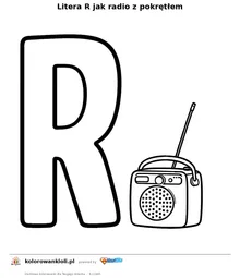 Litera R jak radio z pokrętłem — kolorowanka do wydruku dla dzieci