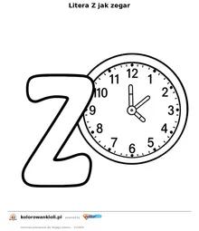 Litera Z jak zegar — kolorowanka do wydruku dla dzieci