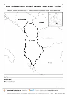 Mapa konturowa Albanii ze stolicą Tirana i miniaturą Europy — karta do druku