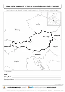 Mapa konturowa Austrii ze stolicą Wiedeń i miniaturą Europy — karta do druku