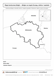 Mapa konturowa Belgii ze stolicą Bruksela i miniaturą Europy — karta do druku