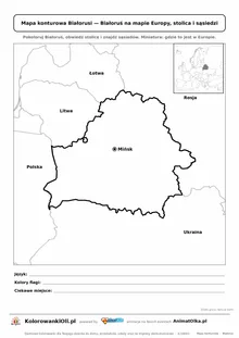 Mapa konturowa Białorusi ze stolicą Mińsk i miniaturą Europy — karta do druku