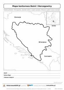 Mapa konturowa Bośni i Hercegowiny ze stolicą Sarajewo i miniaturą Europy — karta do druku