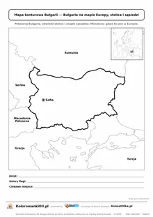 Mapa konturowa Bułgarii ze stolicą Sofia i miniaturą Europy — karta do druku