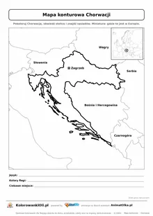 Mapa konturowa Chorwacji ze stolicą Zagrzeb i miniaturą Europy — karta do druku