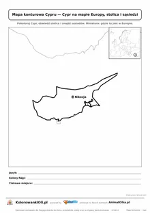 Mapa konturowa Cypru ze stolicą Nikozja i miniaturą Europy — karta do druku