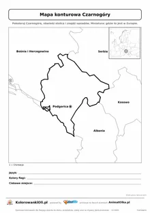 Mapa konturowa Czarnogóry ze stolicą Podgorica i miniaturą Europy — karta do druku