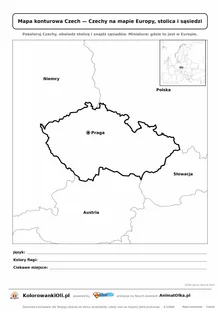 Mapa konturowa Czech ze stolicą Praga i miniaturą Europy — karta do druku
