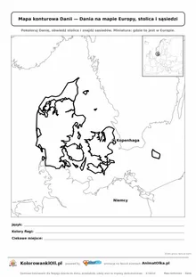 Mapa konturowa Danii ze stolicą Kopenhaga i miniaturą Europy — karta do druku