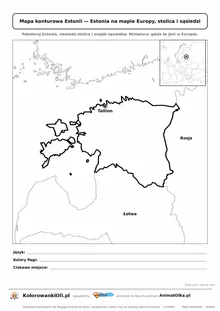 Mapa konturowa Estonii ze stolicą Tallinn i miniaturą Europy — karta do druku