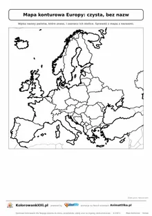 Czysta mapa konturowa Europy bez nazw — granice państw do podpisania, klasy 4–6