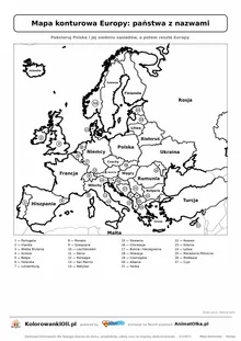 Mapa konturowa Europy z nazwami państw — karta do druku dla klas 3–5