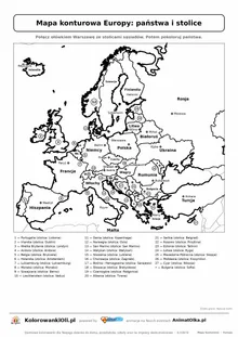 Mapa konturowa Europy z państwami i stolicami — karta pracy do druku dla klas 4–6