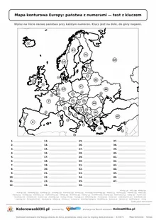 Test z mapy Europy: państwa z numerami do podpisania, klucz na dole kartki — klasy 5–6