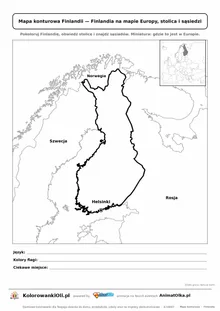 Mapa konturowa Finlandii ze stolicą Helsinki i miniaturą Europy — karta do druku