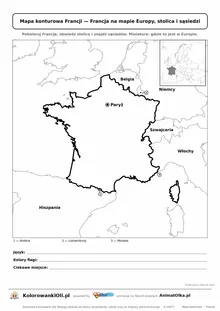 Mapa konturowa Francji ze stolicą Paryż i miniaturą Europy — karta do druku