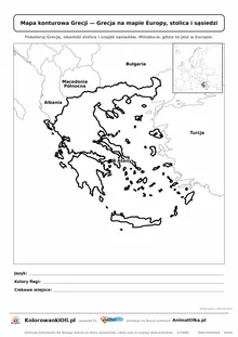 Mapa konturowa Grecji ze stolicą Ateny i miniaturą Europy — karta do druku