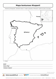 Mapa konturowa Hiszpanii ze stolicą Madryt i miniaturą Europy — karta do druku