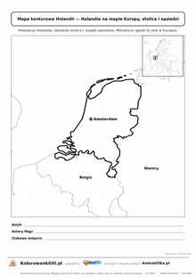 Mapa konturowa Holandii ze stolicą Amsterdam i miniaturą Europy — karta do druku