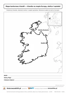 Mapa konturowa Irlandii ze stolicą Dublin i miniaturą Europy — karta do druku