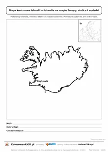 Mapa konturowa Islandii ze stolicą Reykjavik i miniaturą Europy — karta do druku