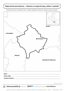 Mapa konturowa Kosowa ze stolicą Prisztina i miniaturą Europy — karta do druku