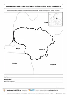 Mapa konturowa Litwy ze stolicą Wilno i miniaturą Europy — karta do druku